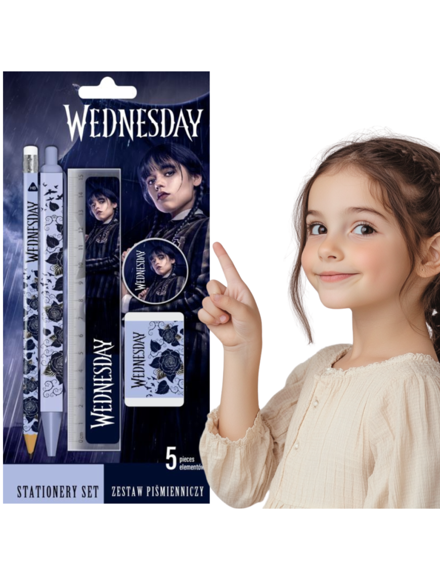 Zestaw piśmienniczy Wednesday 5 el. linijka, gumka, temperówka, długopis