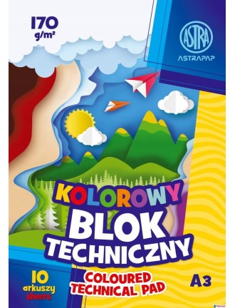 BLOK TECHNICZNY KOLOROWY A3 ASTRA 170G 10 ARKUSZY
