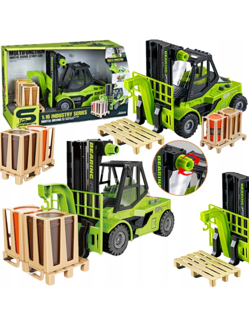 Auto Wózek Widłowy Zielony 1:16 Ruchome Elementy Paleta Światła I Dźwięki